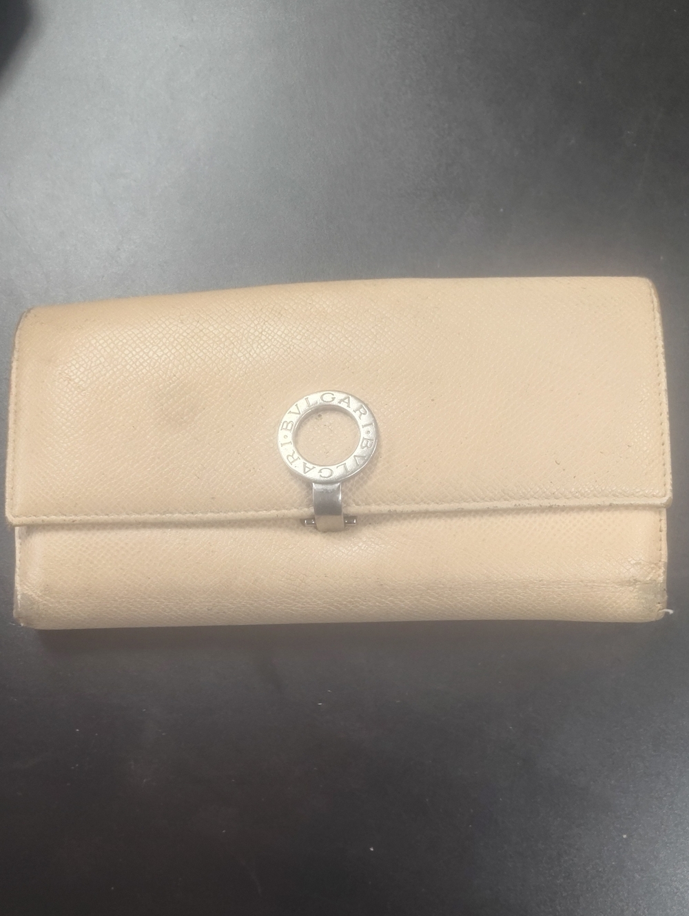 Bulgari Bvlgari Light Beige Creameather Continental Wallet with Silver Logo Ring